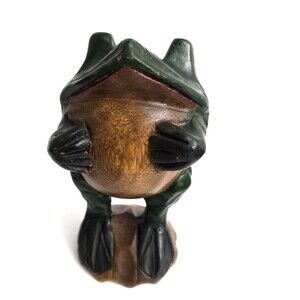 Whimsical Hand Carved & Painted Wood Frog Figurine 7.5' Tall Cottagecore